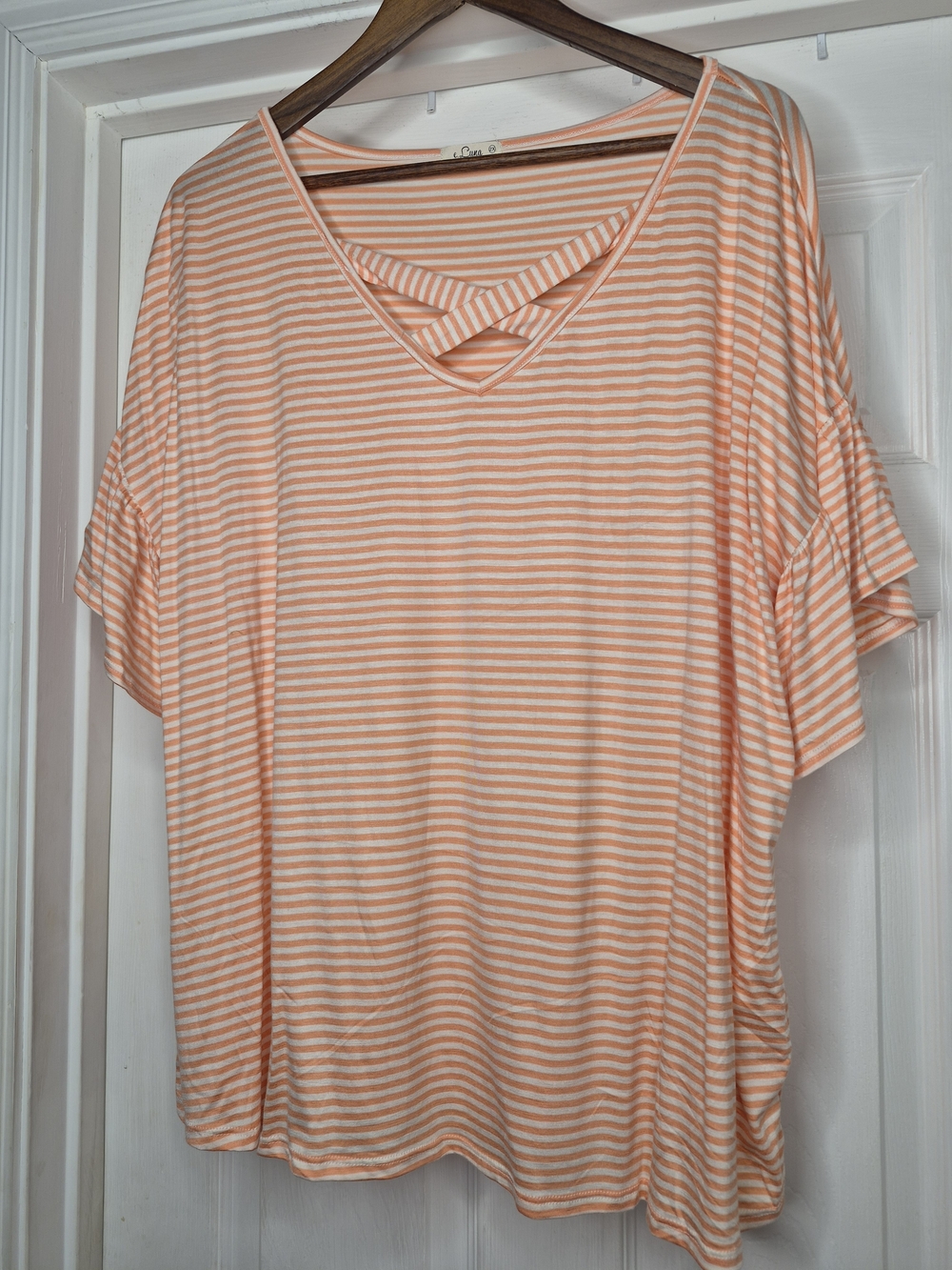 E Luna Light Peach Striped V-Neck Women's Top with Cross-Front Detail 2x